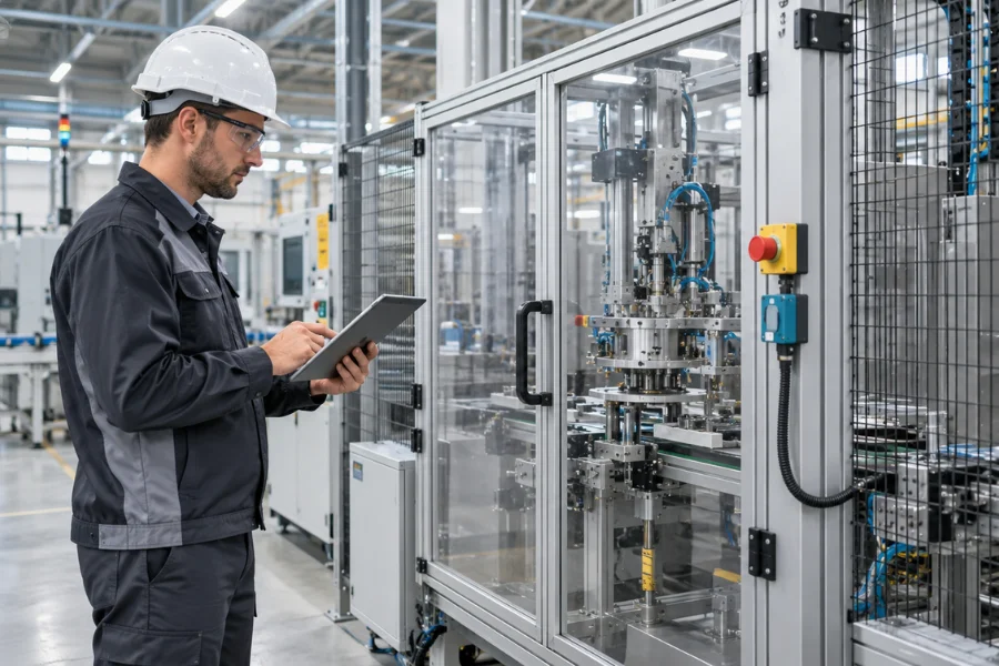 Técnico evaluando los riesgos de seguridad de una máquina industrial