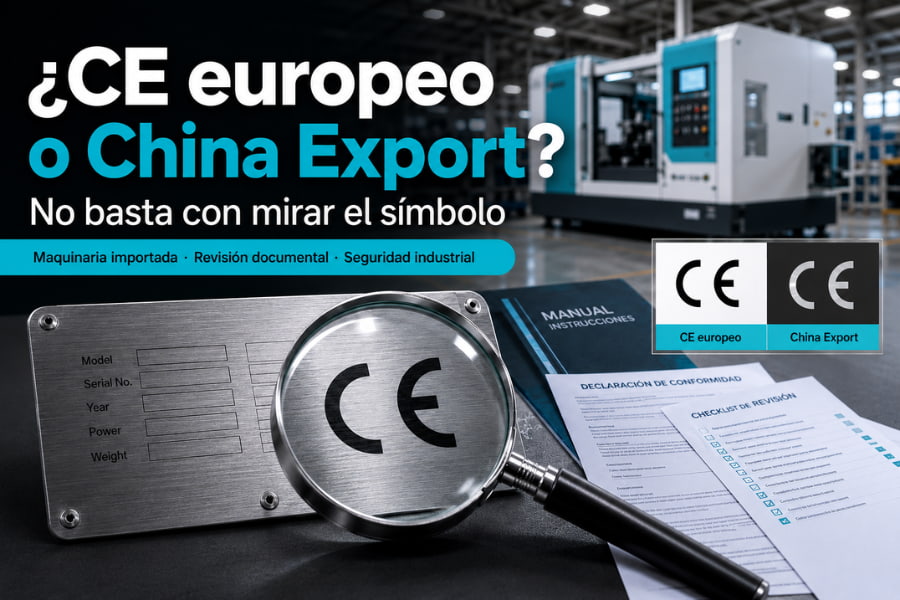 Diferencia entre marcado CE europeo y China Export en maquinaria industrial importada con revisión documental y placa CE.