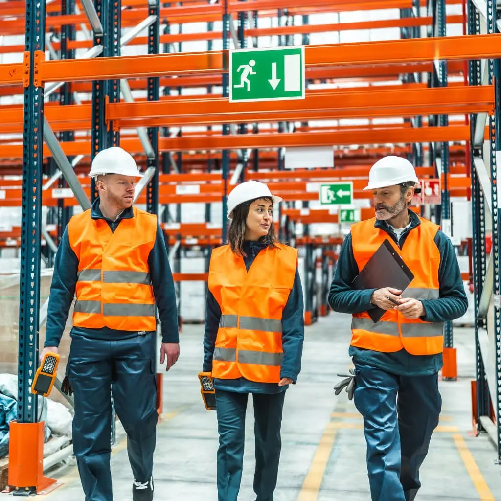 Equipo técnico realizando inspección de estanterías metálicas en almacén según normativa UNE EN 15635
