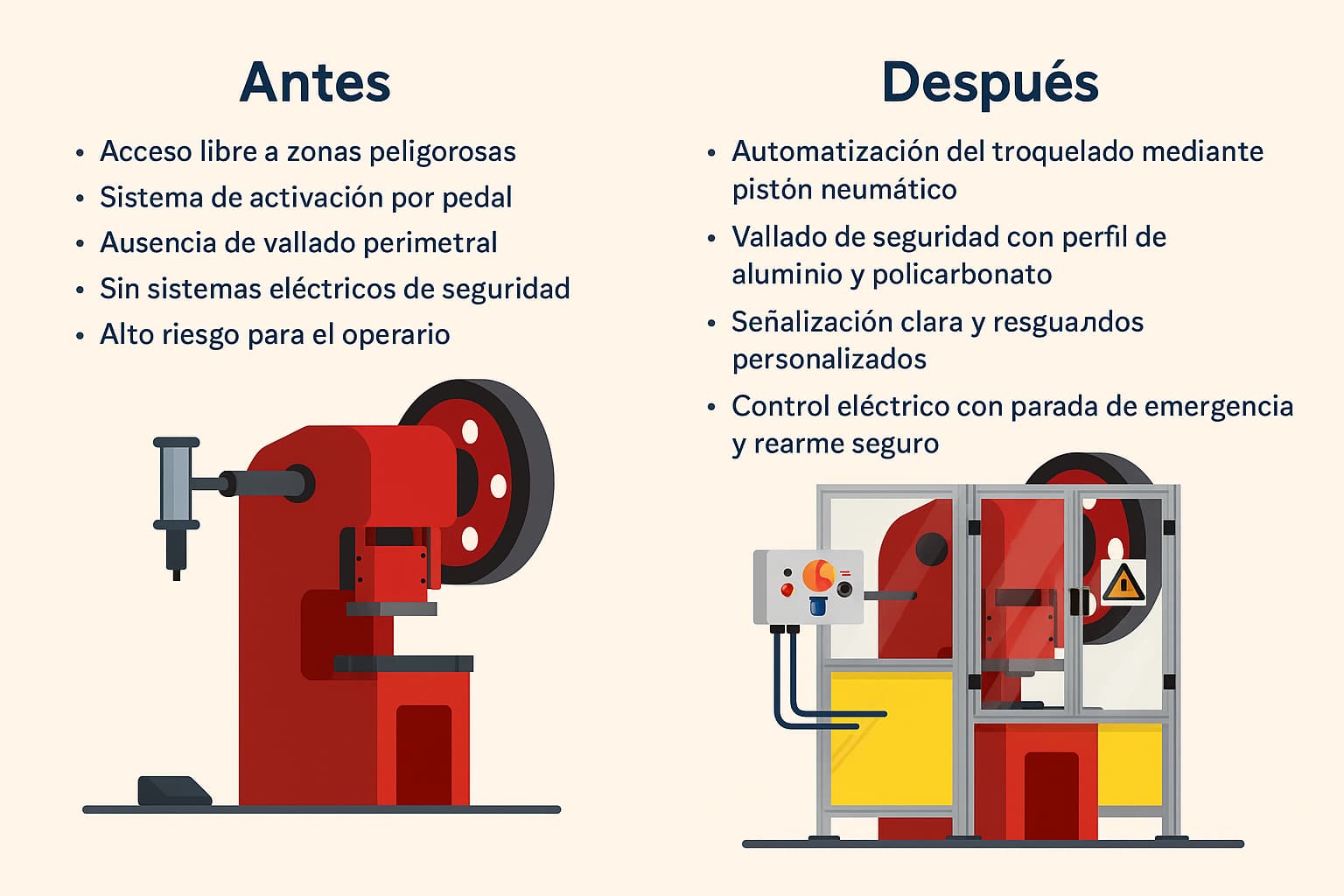 Ilustración comparativa del antes y después en la adecuación de una prensa excéntrica industrial, mostrando mejoras en seguridad y automatización según RD 1215/97.