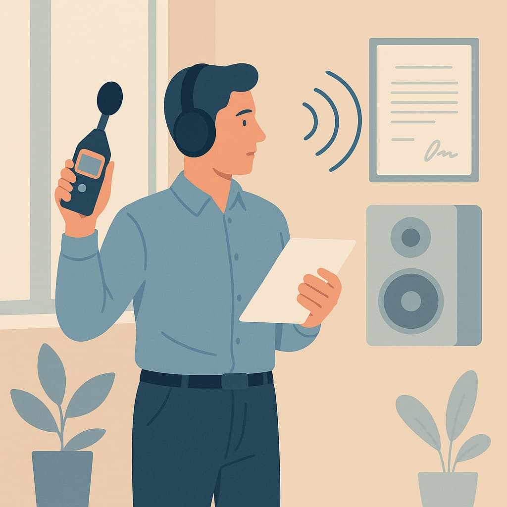 Auditor acústico realizando una evaluación sonora con sonómetro y auriculares en una sala equipada, representado en ilustración digital