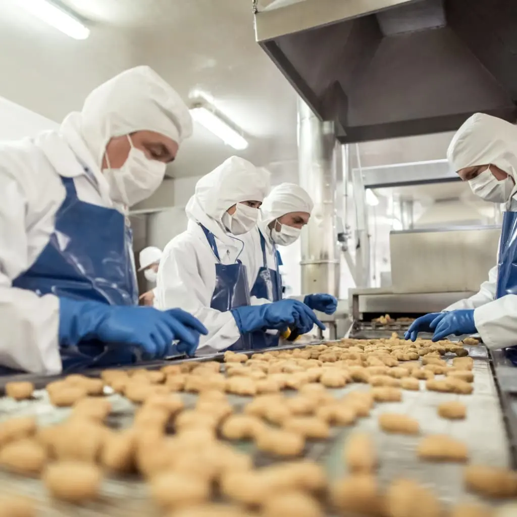 Trabajadores con equipos de proteccion manipulando alimentaos en una linea de producción alimentaria