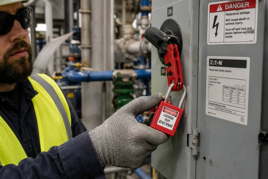 Worker placing industrial safety padlock on isolator during LOTO procedure