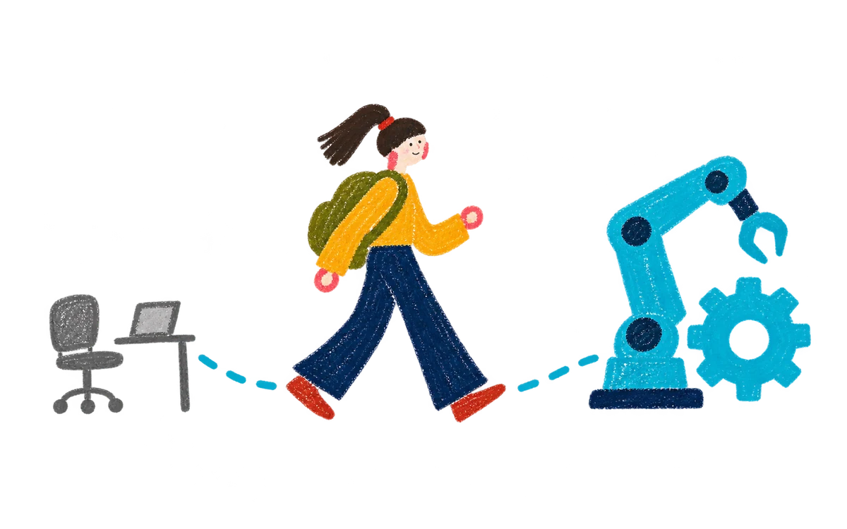 Profesional que cambia de una oficina a un entorno de ingeniería industrial